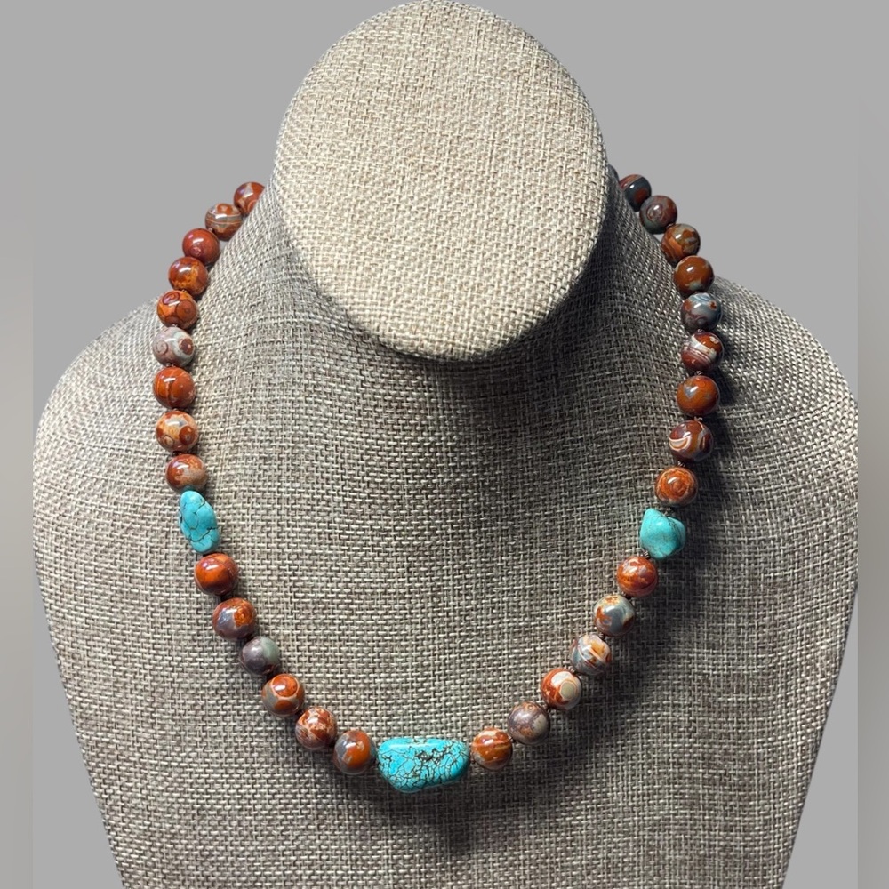 Red Copper & Turquoise Necklace: Hand-knotted Agate, Turquoise, Gold Toggle OOAK